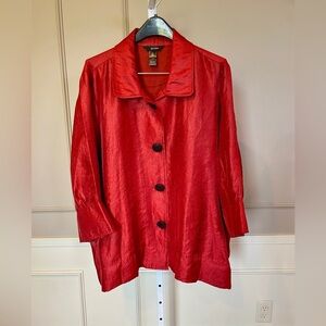 Ali Miles 3X Shimmer Button Down Red Satin collar 3/4 jacket shacket shirt sheen